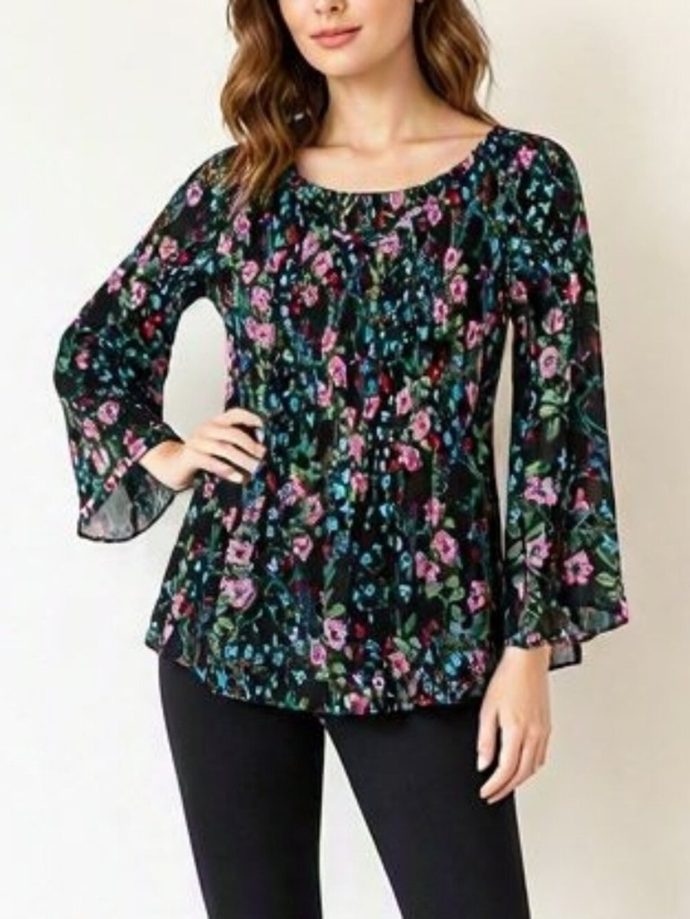 Spense Semi‑Sheer Dark Floral Smocked Top S Boho Romantic Cottagecore Feminine